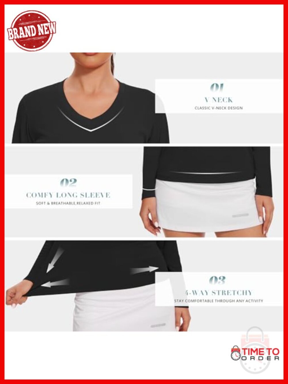 Long Sleeve V Neck Workout Shirts Moisture Wicking Quick Dry Athletic Running - Picture 2 of 5